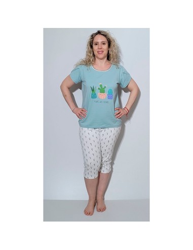pijama de mujer para verano en manga corta y pantalón pirata en algodón sonia modelo cactus