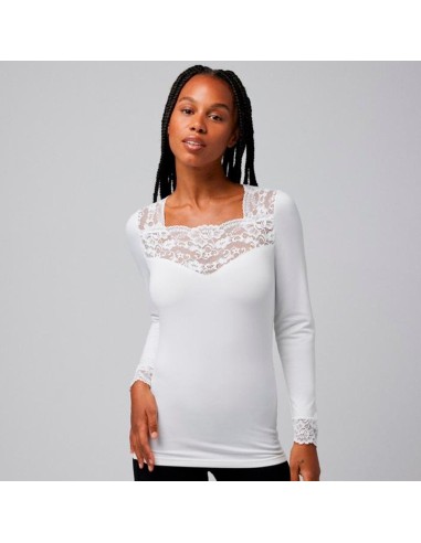 camiseta de ysabel mora para mujer térmica con encaje en color marfil