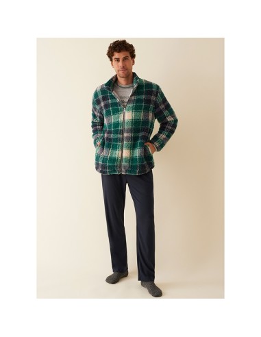 conjunto de hombre para invierno de bata y pijama modelo cuadro verde de promise