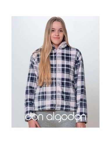 Don algodón bata de mujer corta con cremallera en coralina modelo cuadros